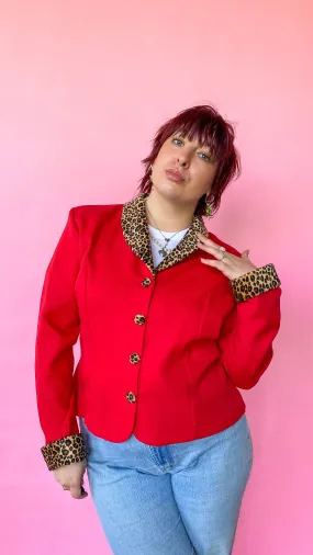 1990s Red Leopard Fur Trimmed Jacket, sz. L