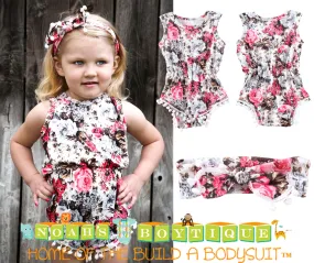 Baby Girl Floral Pom Pom Romper with Headband