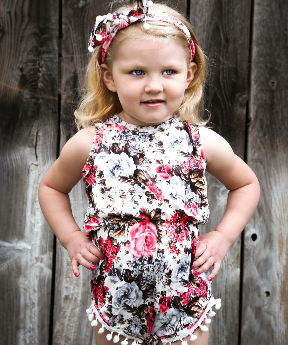 Baby Girl Floral Pom Pom Romper with Headband