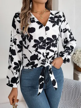 Casual V-neck Button Front Tie Front Floral Print Spring Fall Women's Blouse