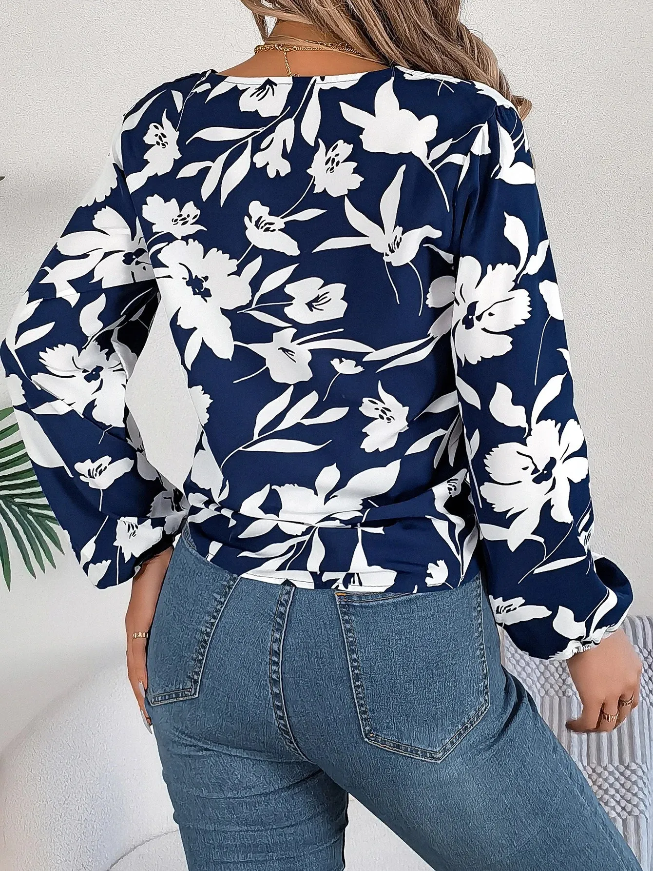 Casual V-neck Button Front Tie Front Floral Print Spring Fall Women's Blouse