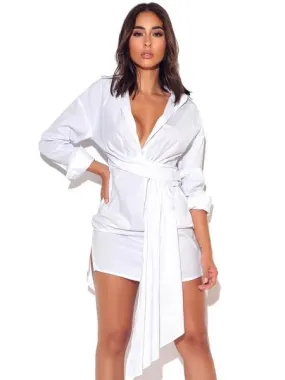 Think of You White Draped Boyfriend Shirt Dress